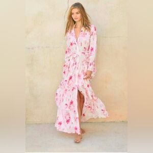 Misa Los Angeles Abigail Pink Floral Tiered Maxi Dress Boho Influencer Size Med